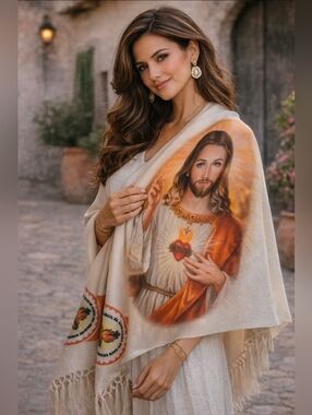 Sacred Heart Prayer Shawl Wrap in Cream and Orange Rebozo
